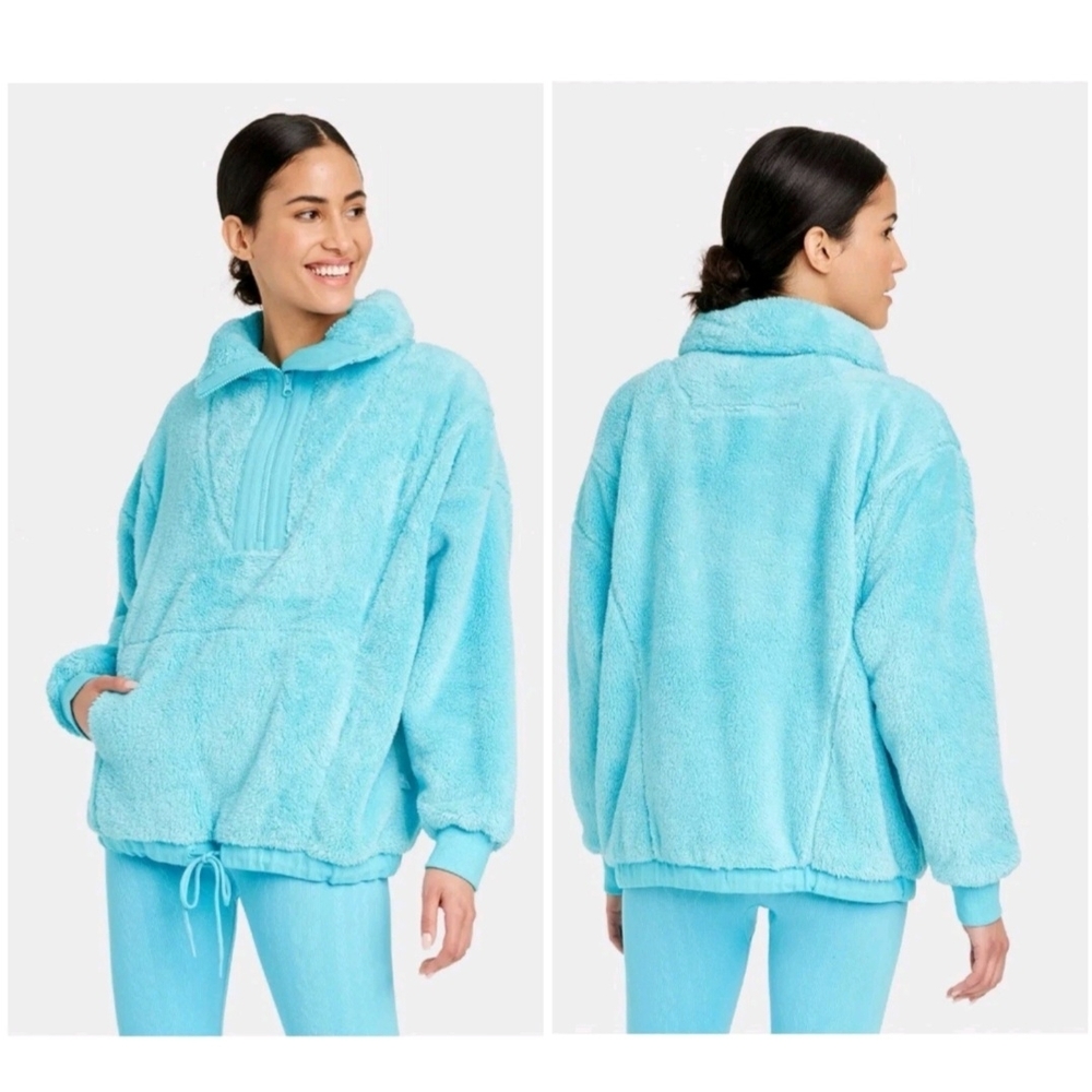 NWT Joy Lab Women's L Relaxed Fit Sweatshirt Plush Solid Blue Quarter Zip